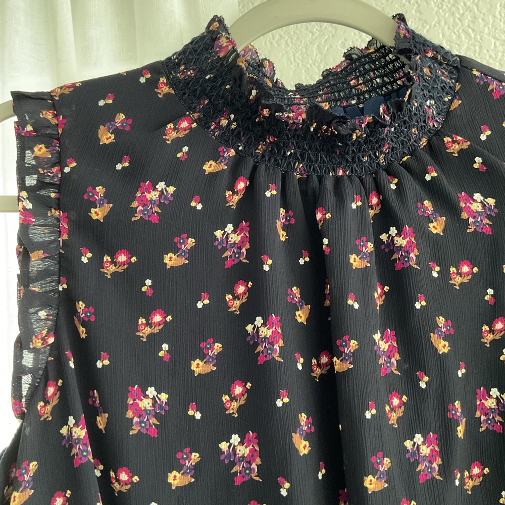 J. Crew Black Sleeveless Floral Ruffled Neck Blouse - Picture 2 of 5